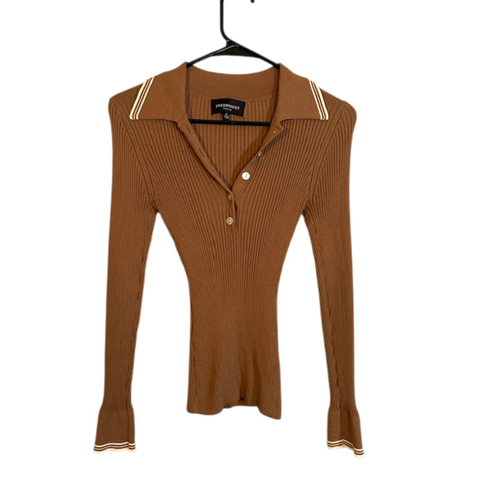 Free Market Brown Ribbed Button Henley Collared Clouse Women Sz M